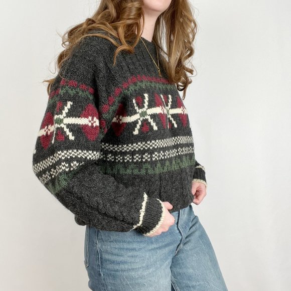 Vintage Fair Isle Cable Knit Oversized Sweater Christmas Cozy Wool Scandinavian - Picture 2 of 6